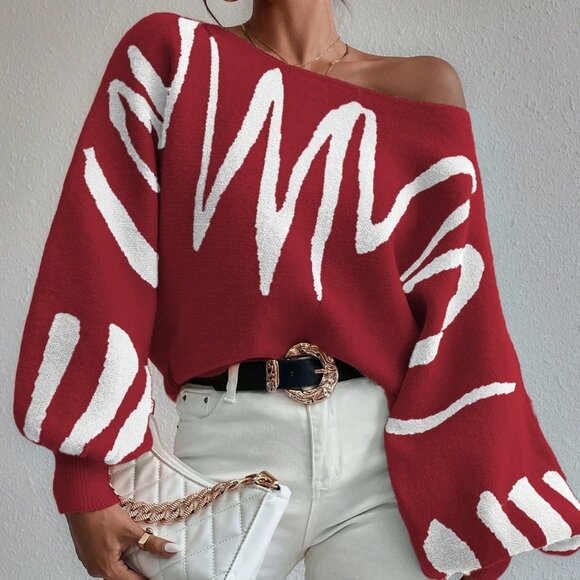 burgundy redCasual Women's Striped graphic Batwing Sleeve Loose Pullover Sweater - Picture 3 of 7